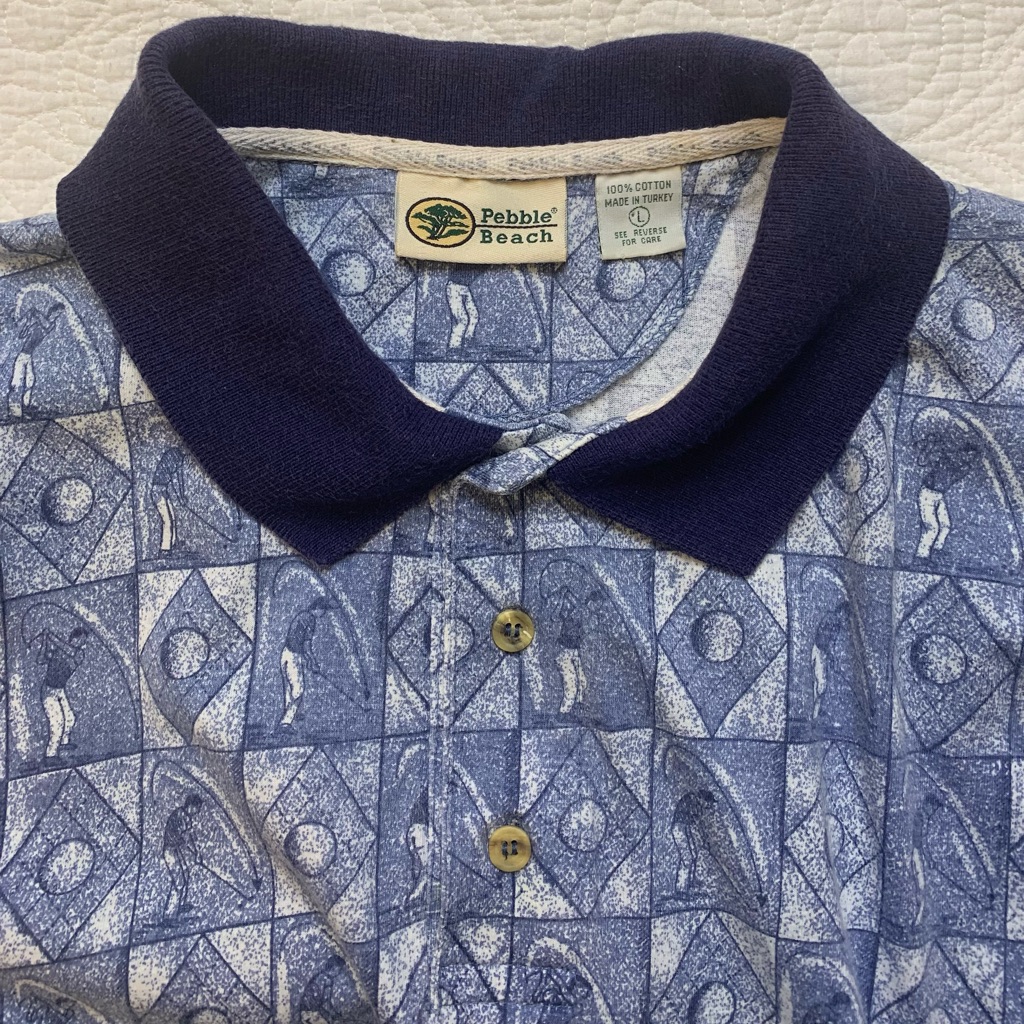 Vintage Pebble Beach Golf Themed Print Blue Geometric Polo Shirt